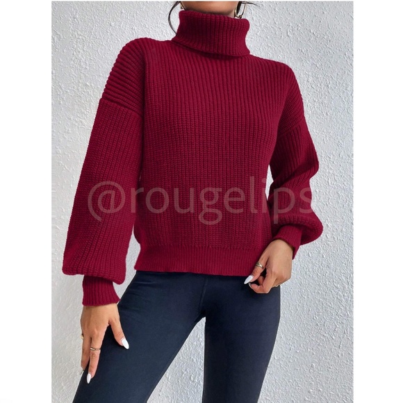 Burgundy Turtleneck Knit Pullover Sweater Long Sleeve - Picture 4 of 8